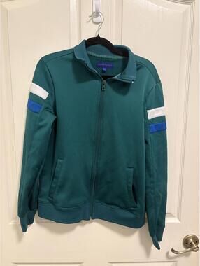 Aeropostale Men's Green Full-Zip Track Jacket with Blue and White Sleeve Stripes